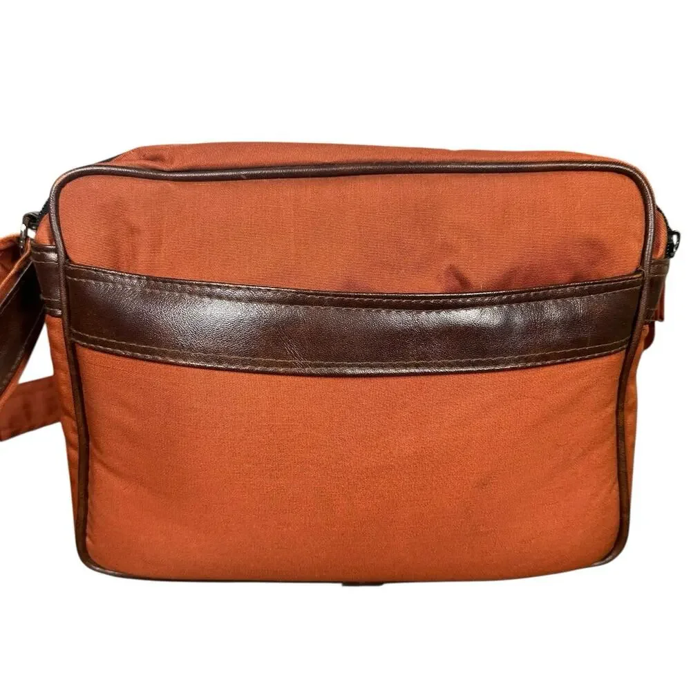 Vtg Camera Bag Orangish Brown Canvas Faux Leather Trim Padded Case Strap 12x7.5